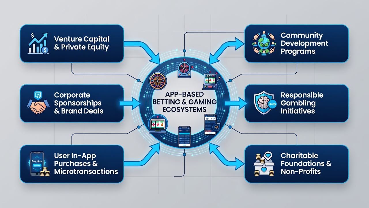 Darstellung der Datenflüsse zwischen Finanzkanälen und Hilfsnetzwerken in Gaming-Apps