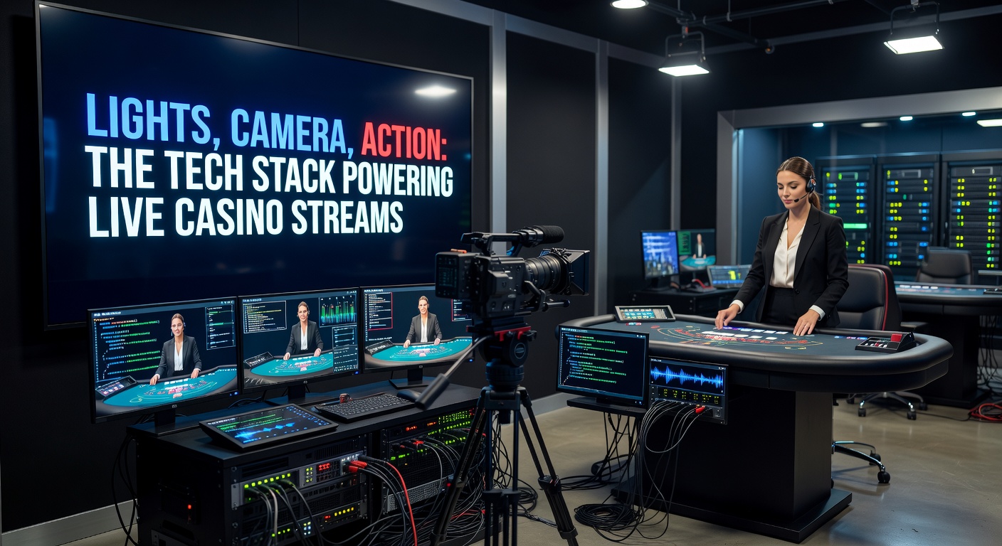Detaillierte Ansicht eines Live-Casino-Tisches mit Beleuchtung, Kameras und digitalen Interfaces