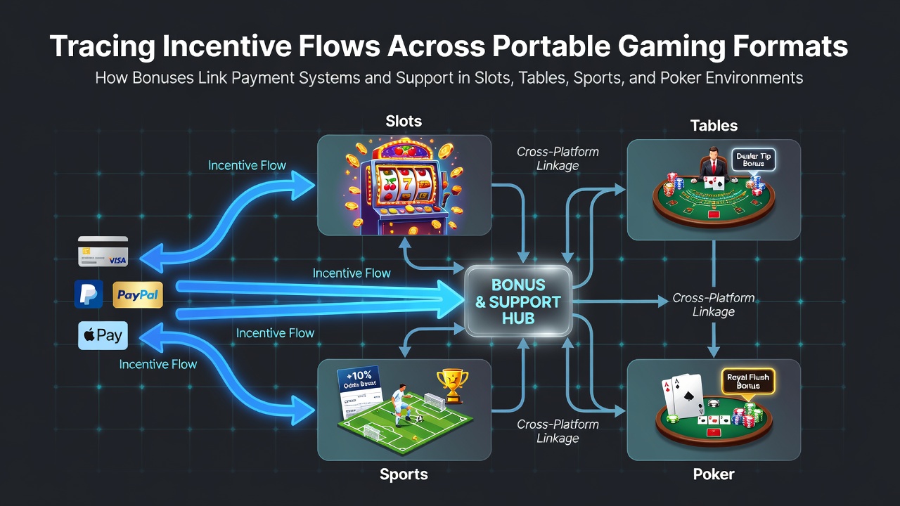 Darstellung von Anreizflüssen über mobile Gaming-Formate mit Verknüpfungen zwischen Boni, Zahlungen und Support